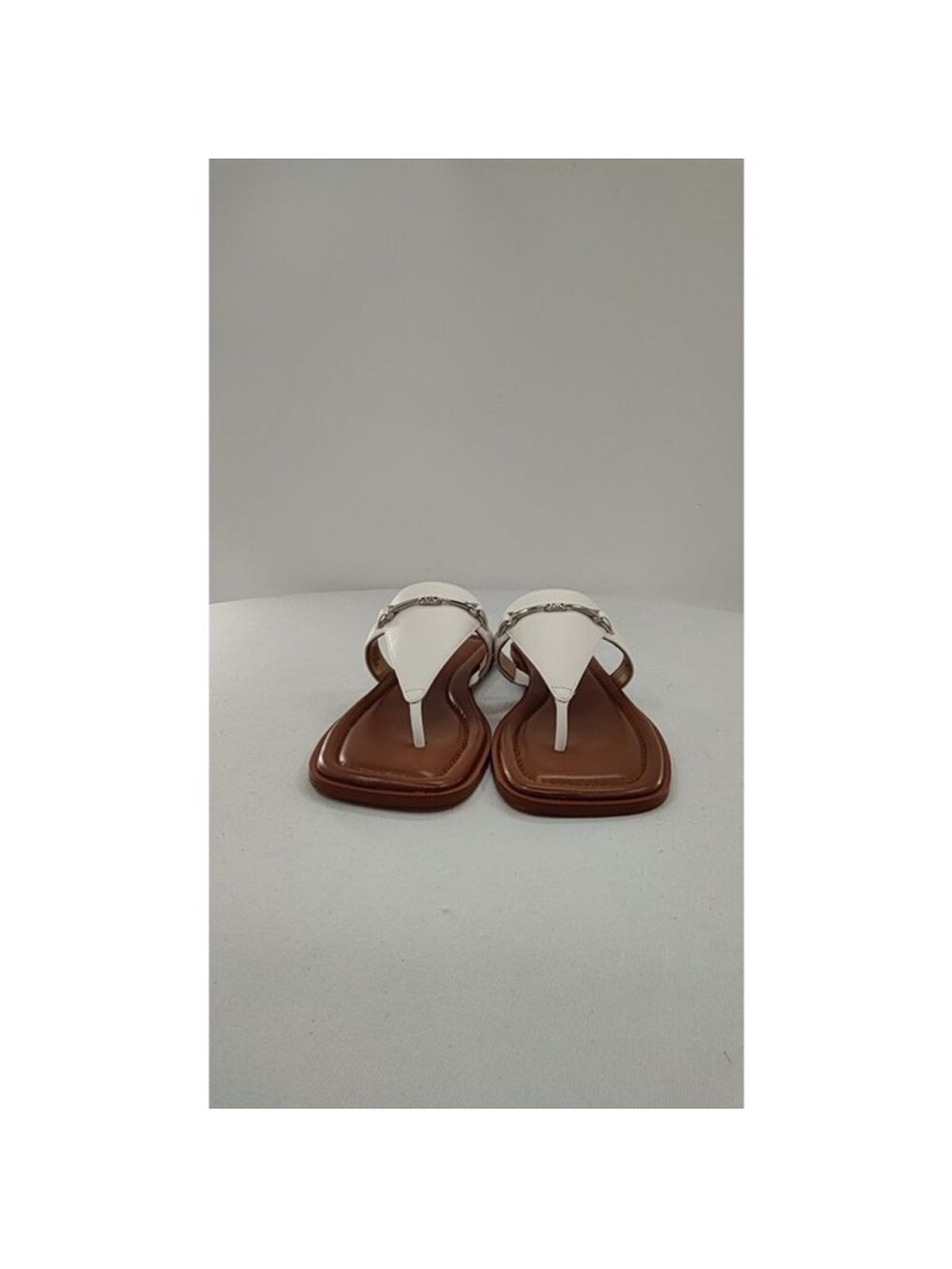 Michael Kors White Leather Thong Sandals with Brown Footbed and Chain Trim